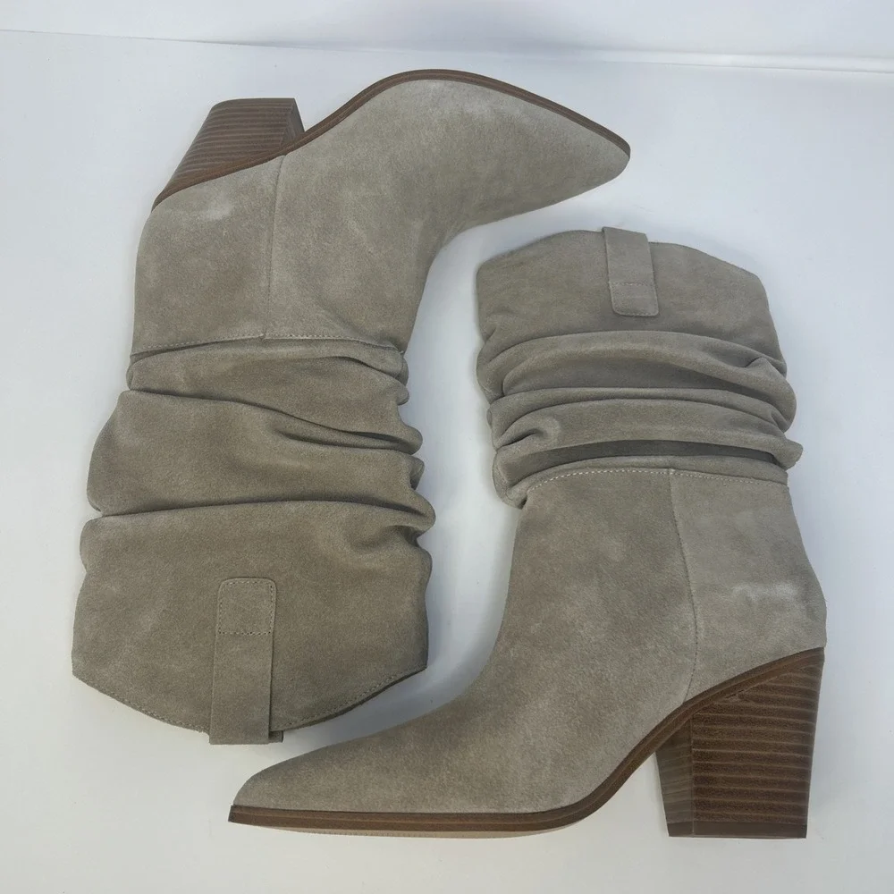 Nine West Kadon Slouch Boots Taupe Suede‎ Mid Calf Pointed Toe Block Heel 8M NIB